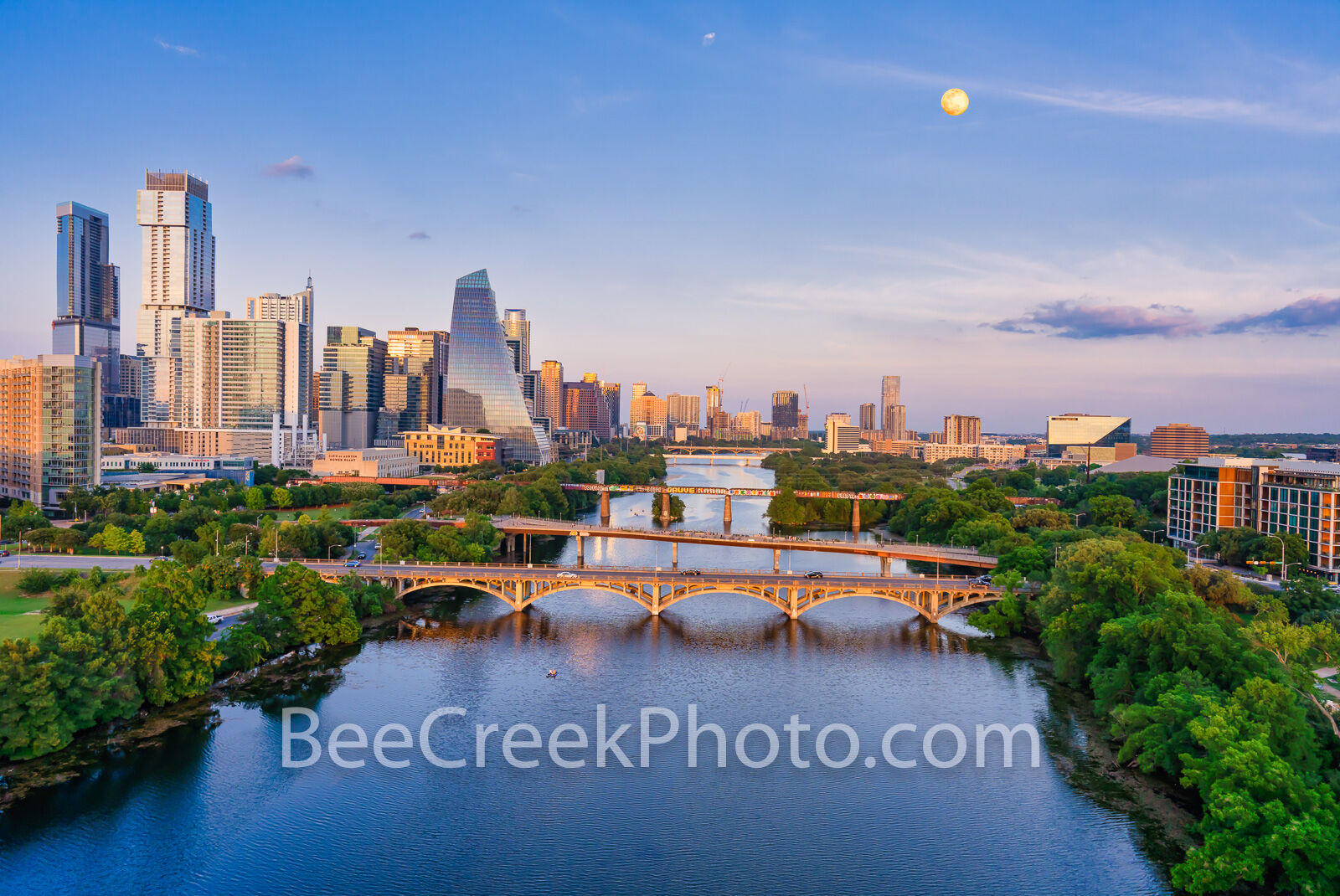 The Austin skyline at dusk along Lady Bird Lake